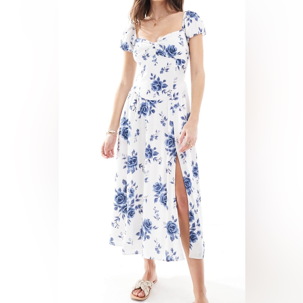 Hollister off shoulder sweetheart White Dress with Blue Floral Print